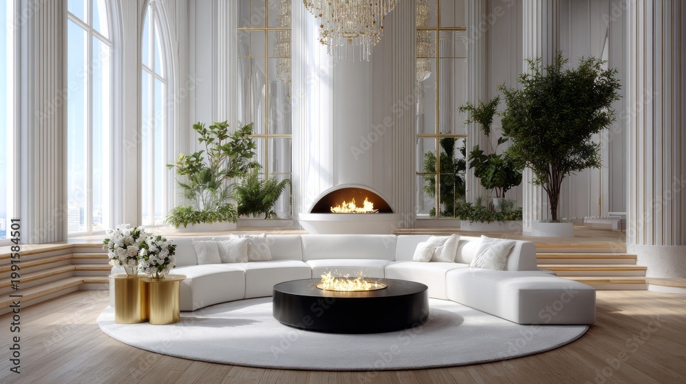 Obraz premium A stylish living room showcases a circular white sofa surrounding a sleek black coffee table