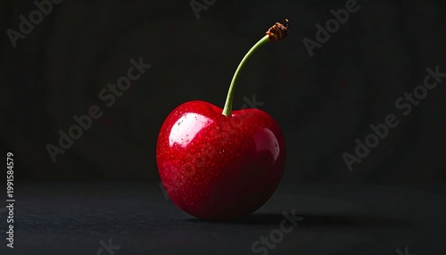 Single Ripe Red Cherry Macro Photography With Stem On A Dark Textured Background Dramatic Lighting And Glossy Reflections In A Studio Setting