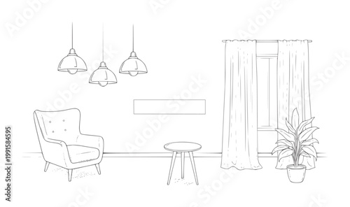 Line of a living room with armchair pendant lights and potted plant table