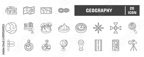 20 Geography Line Icon Illustration Set