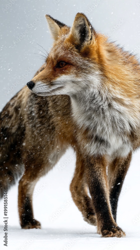 Fototapeta premium A graceful fox strides through a blanket of fresh snow, showcasing its vibrant fur against the winter backdrop. Snowflakes gently fall, adding to the tranquil scene