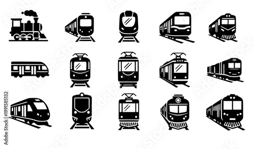 Railway train silhouette collection metro tram cargo transport vector isolated on white