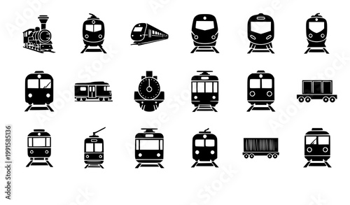 Train icon set railway transportation silhouettes locomotive subway vector isolated on white background