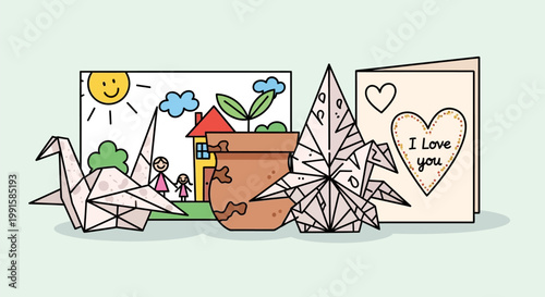 Composition of origami crafts children drawing and greeting card.