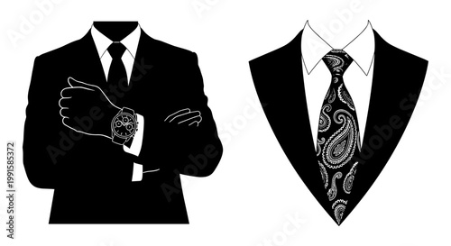 Business suits, formal wear, men's fashion icons, black and white vector graphics