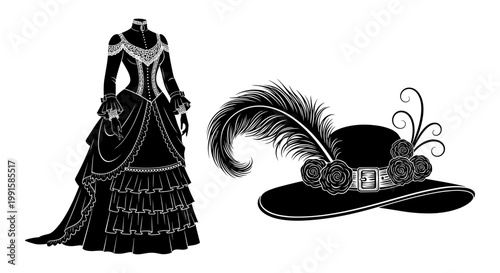 Victorian fashion, elegant dress, hat, black and white, vector illustrations, 2 items, fashion accessories