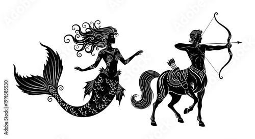 Zodiac signs, mythical creatures, mermaid and centaur, black silhouettes, astrology symbols, vector icons