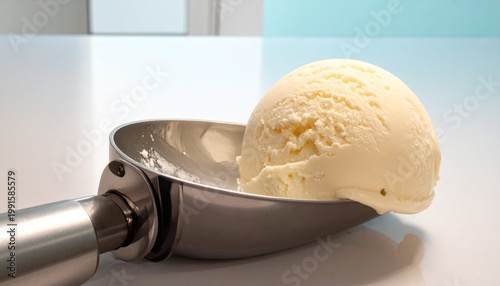 A stainless steel scoop holding vanilla ice cream, symbolizing dessert enjoyment, kitchen utility, and culinary presentation.