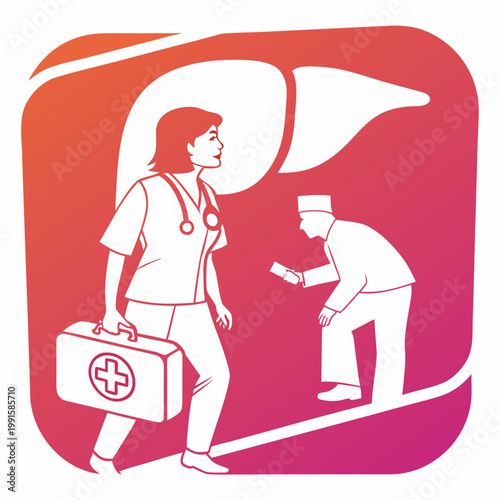 Nurse with medical bag and liver diagram.
