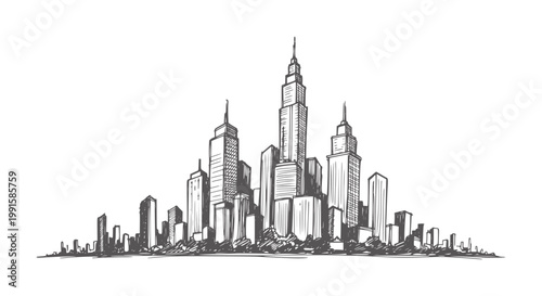 Monochrome hand drawn city skyline with tall skyscrapers and buildings