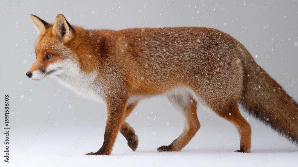 Obraz premium A magnificent red fox walks with poise across a snowy landscape. Light snowflakes drift down, creating a serene atmosphere. The fox's fur shines vibrantly against the glistening white background