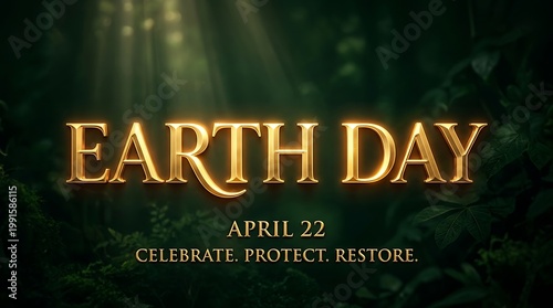 Earth Day celebration with green trees and sun rays shining down