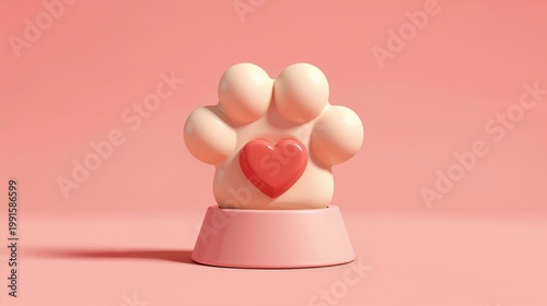 Cute paw with red heart displayed on pink base
