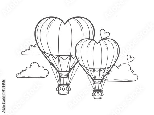 Two heart shaped hot air balloons floating among clouds love