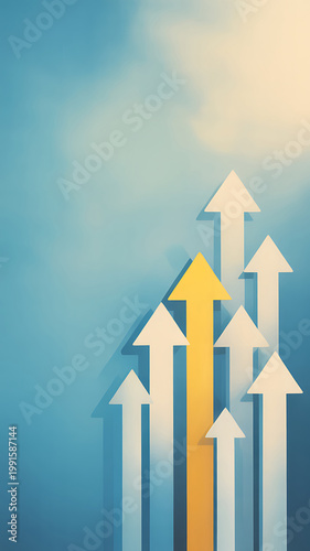 A group of white and yellow arrows pointing upwards on a blue background with clouds, symbolizing growth and progress in business or finance