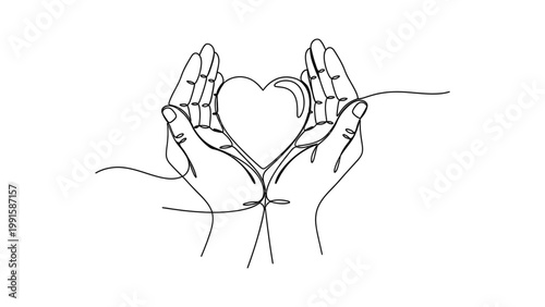 Continuous Line Drawing of Hands Holding a Heart Symbol.. Continuous line style. Hand drawn. Line art. Vector design. illustration