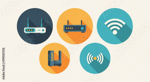 Collection of Wireless Routers and Wi-Fi Symbols.