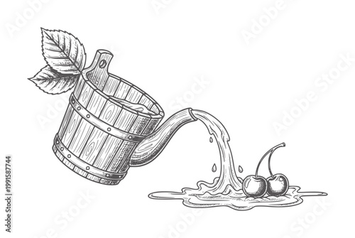 Wooden bucket pouring liquid onto cherries and leaves