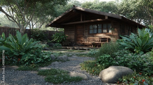 Rustic wooden cabin nestled within lush, overgrown tropical garden surroundings