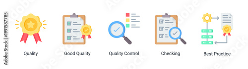 Kaizen quality icon set featuring quality control,inspection,and best practice concepts.Icon set focused on quality assurance,checking,and standardization processes for business and industrial use.
