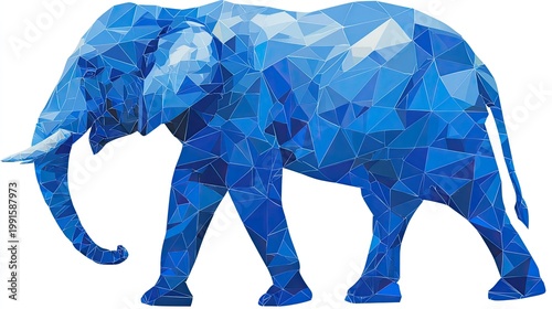Large pachyderm rendered in vibrant shades of blue using a geometric mosaic style