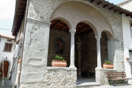 Cutigliano, the medieval village in the Apennines . View of the ancient courthouse (a loggia) stand. Pistoia Tuscany, Italy