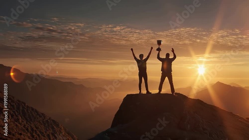 Two hikers standing on a mountain peak at sunset holding a trophy