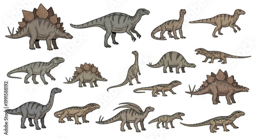 Collection of various dinosaur species depicted in illustration style.