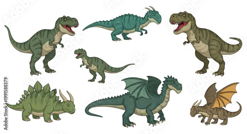 Collection of various prehistoric dinosaur creatures and mythical dragons.