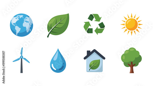 Eco-Friendly Elements: A collection of vibrant icons representing elements essential for environmental preservation and sustainable living, featuring a globe, leaf, recycling symbol, sun.