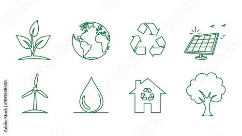 Eco-Consciousness in Every Element: A series of hand-drawn green illustrations embodies the essence of environmental protection and sustainability, showcasing diverse symbols of eco-awareness.