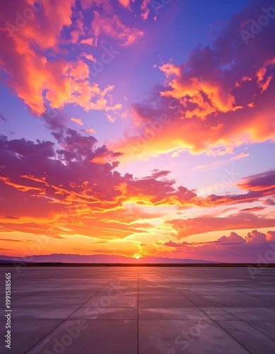 Dramatic Sunset Over Airport Runway With Vibrant Purple And Orange Clouds And Distant Mountain Horizon At Golden Hour