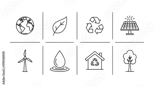 Eco-Friendly Icons: A collection of meticulously designed line art icons symbolizes key aspects of environmental preservation and sustainable living, featuring the earth, a leaf, recycling symbol.