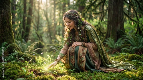 Forest spirit woman nurturing plant growth with magic