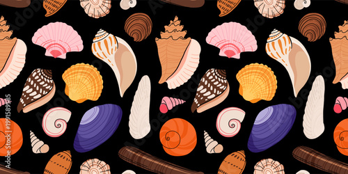 Seashells seamless pattern dark background, starfish, nautilus, crab, coral, sea urchin, ocean creatures repeat texture fabric print