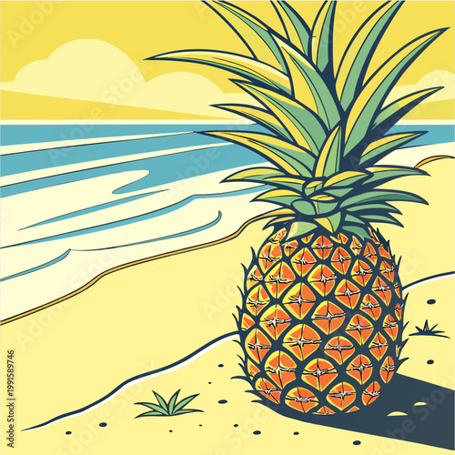 Pineapple on the beach illustration vector of tropical pineapple fruit, fresh ripe juicy healthy sweet, isolated nature food dessert organic yellow green