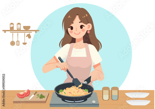 A woman is happily cooking.
