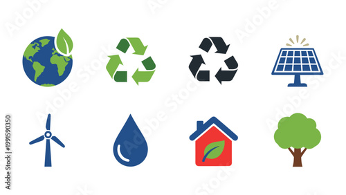 Eco-Friendly Icons: A visual representation of environmental sustainability and eco-consciousness, featuring icons of Earth, recycling, solar panels, wind energy, water droplet, eco-house, and tree.