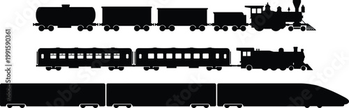 Train silhouette illustration collection showing steam freight locomotive, passenger rail cars, and modern high‑speed train, transportation evolution concept, vector design set