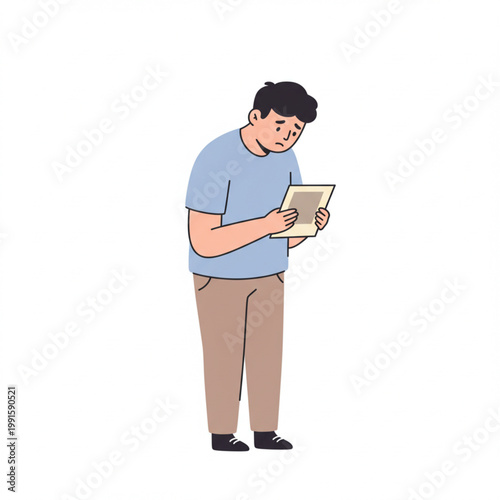 Distressed young man sadly contemplating a significant document or photograph, conveying feelings of sorrow, regret, or concern about an important issue