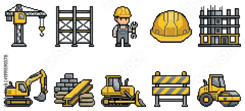 This pixel art collection features various construction elements including a crane, scaffolding, builder, hard hat, building, excavator, materials, bulldozer, barrier, and road roller.