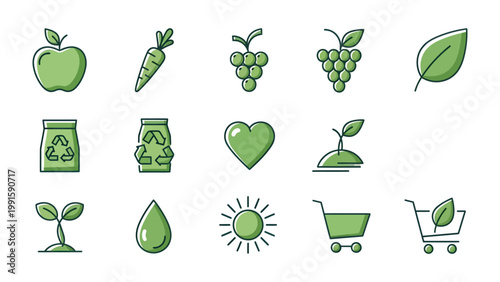 Eco-Friendly Icons: An assortment of green icons, from fresh produce to environmental symbols, symbolizing sustainable living and healthy choices. 