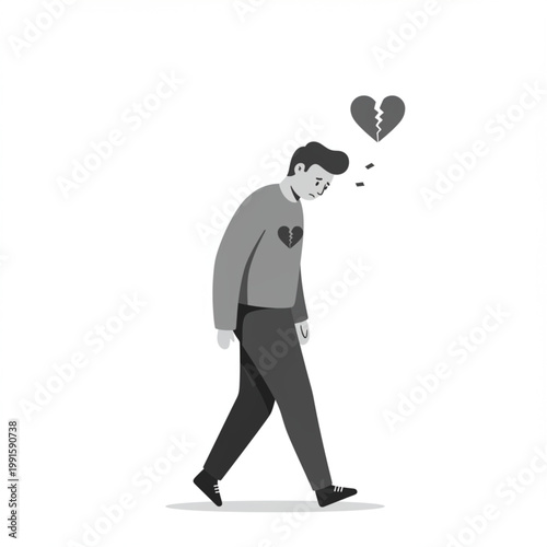 Sad man with broken heart symbol walking in sorrow and despair, symbolizing heartbreak and emotional pain