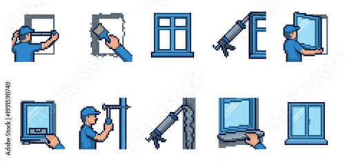 This pixel art collection depicts a sequence of actions related to window installation and repair, including measuring, painting, caulking, and fitting.