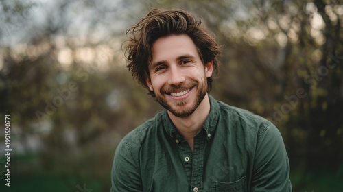 Portrait of a smiling young man outdoors in soft light.