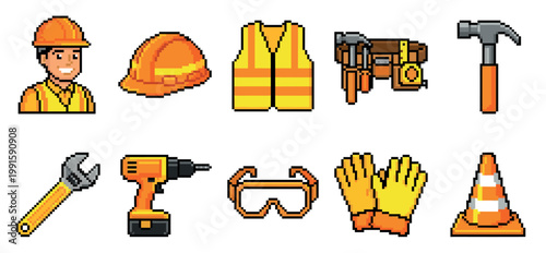 A pixel art collection of construction worker, tools, and safety gear. Features a worker, hard hat, vest, tool belt, hammer, wrench, drill, goggles, gloves, and cone.