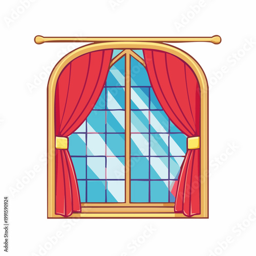 Arch window with red curtains and blue sky reflection