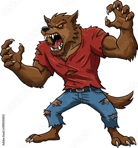 Aggressive brown werewolf character with sharp claws wearing a torn red shirt and ripped blue jeans standing in a menacing pose on a white background