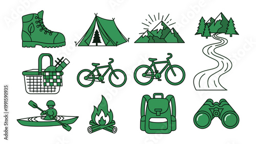 Camping and Outdoor Icons: Set of camping and outdoor icons, depicting essential elements for outdoor activities. Each icon meticulously crafted.