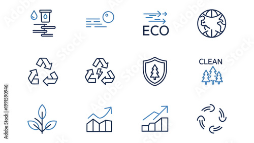 Eco-Icons: A collection of concise line art icons illustrating environmental sustainability and eco-friendly practices, including recycling symbols, water droplets, and world globe. 